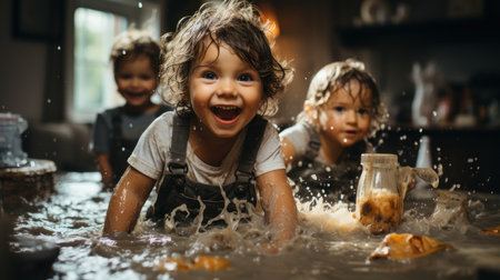 Happy children playing with flour in the kitchen. Selective focus.の素材