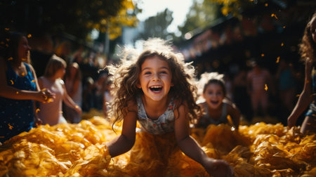 Cute little girl with curly hair in yellow dress on carnivalの素材