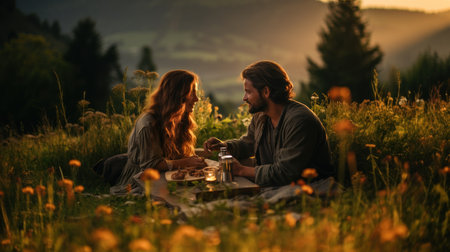 Young couple having a picnic in the mountains. Man and woman sitting on the grass and enjoying the sunset.の素材