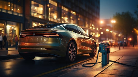 Electric car charging in the city at night. 3d rendering.の素材