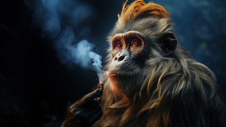 Portrait of a monkey smoking a cigarette on a black background.の素材