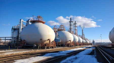 Oil refinery in winter. Oil industry. Production and transportation of petroleum products.の素材