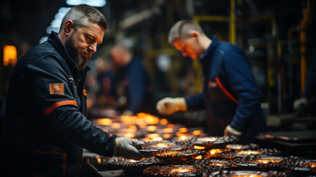 Workers working in a metallurgy factory. Focus on the candlesの素材