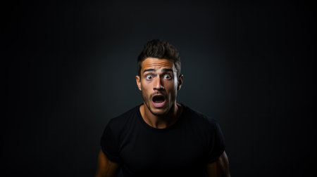 Shocked young man in black t-shirt on a dark backgroundの素材