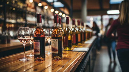 Wine tasting in a winery. Bottles of red, rose and white wine on the bar counter.の素材