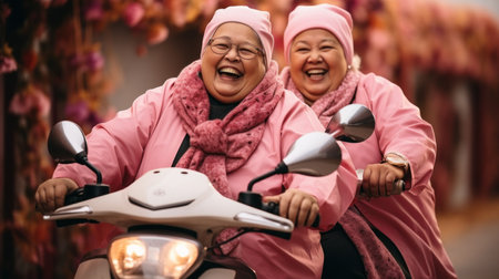senior asian women riding a motorbike in the city.の素材