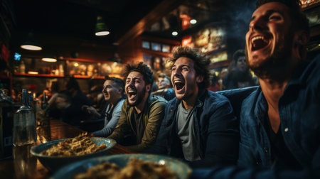 Group of friends having fun in a pub. They are laughing and drinking beer.の素材