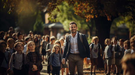 Group of schoolchildren walking in the autumn park. Education concept.の素材