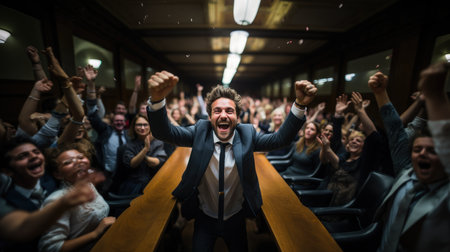 Group of young business people celebrating a victory in a conference room.の素材