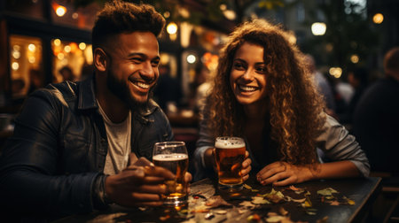 Young couple drinking beer and having fun in pub. They are smiling and looking at camera.の素材