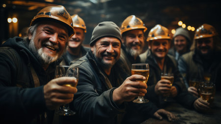 Group of workers in a metallurgical factory, they are drinking beer and smilingの素材