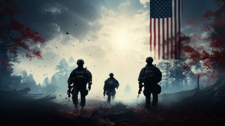 Soldiers on the background of the United States of America flag.の素材