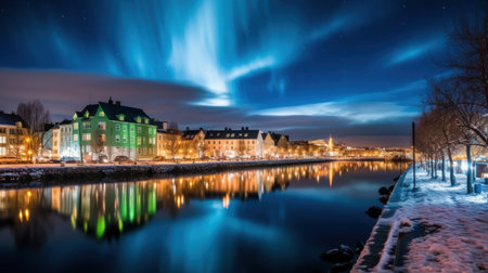 Aurora borealis over old town in Stockholm, Sweden.の素材
