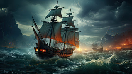 Pirate ship in stormy sea. 3d render illustration.の素材