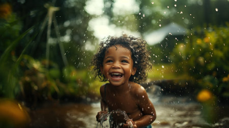 Cute little african american boy playing in the rain.の素材