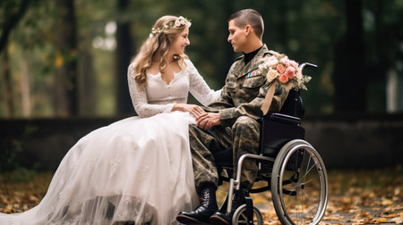 Young beautiful couple in a wheelchair celebrating their wedding day. The bride and groom are walking in the park.の素材
