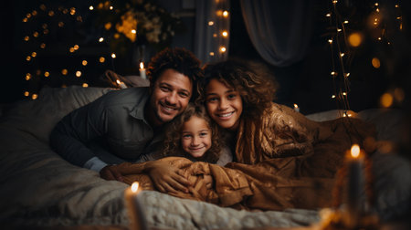 Happy family in the bed at home. Mother, father and their daughter on Christmas eve.の素材