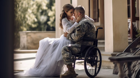 Beautiful bride and groom in a wheelchair on their wedding day.の素材
