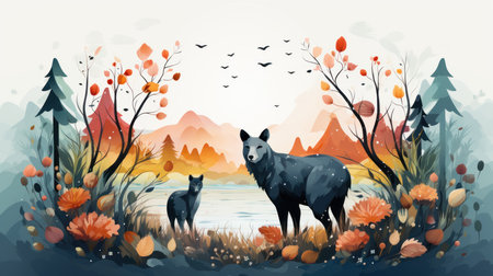 Autumn landscape with wild animals in the forest. Vector illustration.の素材