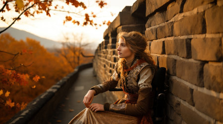 Beautiful girl in a medieval costume sits on the edge of the bridge.の素材