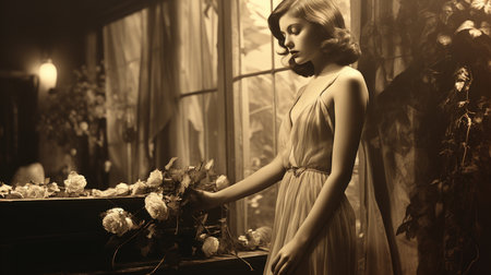 Portrait of a beautiful young woman in a long dress. Retro style.の素材