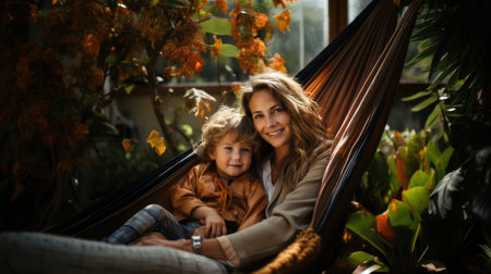 Mother and daughter relaxing in hammock at home. Happy family concept.の素材
