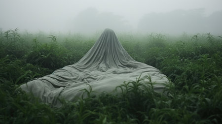 A woman in a white raincoat lying on the grass in the fog.の素材