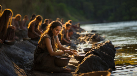 Nepalese women bathe in the river in the eveningの素材