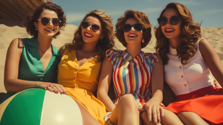 summer holidays, vacation, travel and people concept - group of smiling women in sunglasses sitting on beach ballの素材