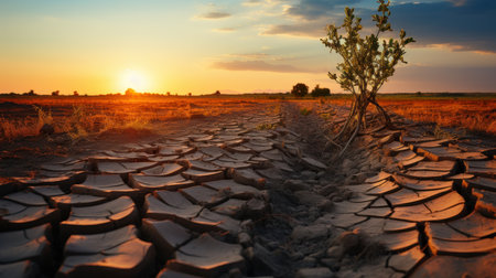 Dry cracked earth with tree at sunset. Global warming concept.の素材