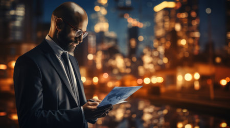 Businessman looking at a document in his hands against a night cityの素材