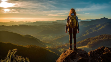 Young woman hiker with backpack standing on top of a mountain and enjoying sunriseの素材