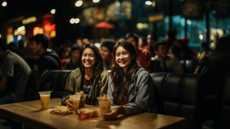 Two young asian women sitting at a table in a restaurant, drinking beer and talking.の素材