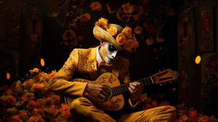 Sugar skull playing guitar in a room decorated for Dia de los Muertosの素材
