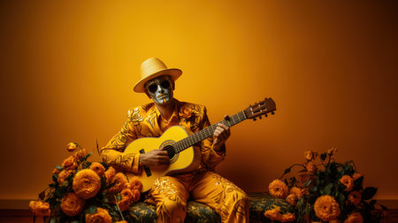 Halloween concept. A man in a yellow suit and a hat sits on a chair with a guitar.の素材