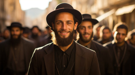 Young man in hat and coat walking on the street of the cityの素材