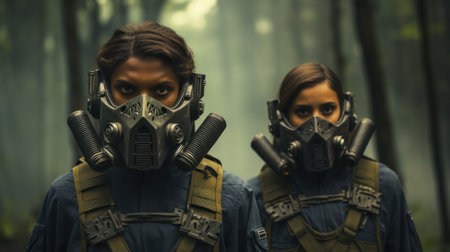 Portrait of two women in military gas masks looking at camera in forestの素材