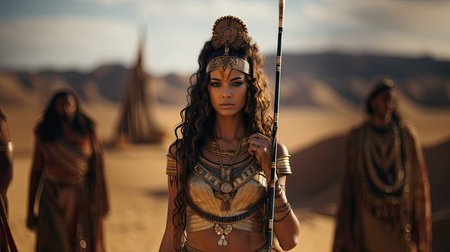 Beautiful African American woman in the desert with a spear in her handの素材