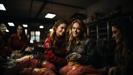 Portrait of beautiful young girls working in the workshop. They are sitting and smiling.の素材