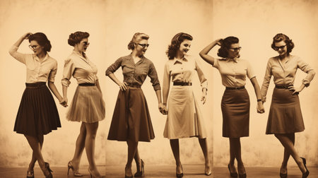 Group of young women in retro style posing in the studio. Retro style.の素材