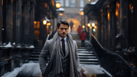 Handsome young man in a coat and with a gray scarf on his head walks through the old town in winter. Men's beauty and fashion.の素材