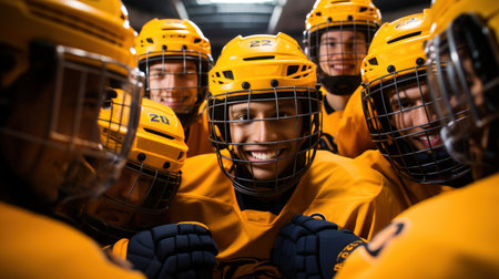 Group of ice hockey players team in yellow helmets.の素材