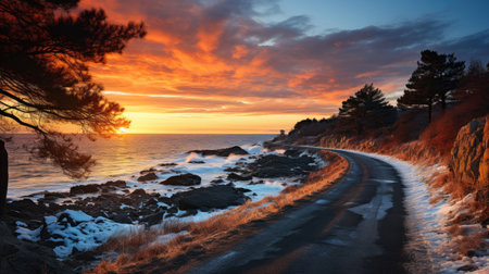 Beautiful winter landscape with road on the sea coast at sunset.の素材