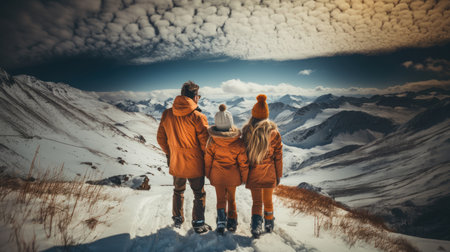 Father with daughters in orange clothes on the background of snowy mountains in winter.の素材