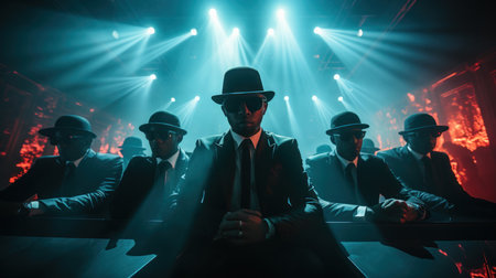 Silhouette of african american gangsters in a nightclub with lights and smoke.の素材