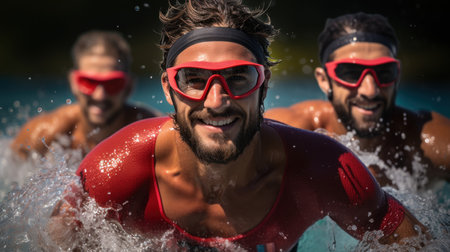 Portrait of triathletes.  Competitors swimming out into open water at triathlon.の素材