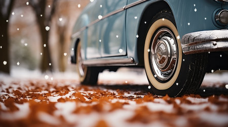 Close-up of a classic car on the road covered with fallen leavesの素材