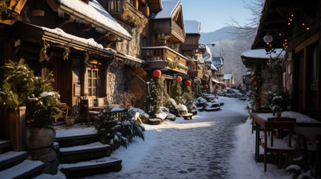 Snowy street in the old town of Hallstatt, Austriaの素材