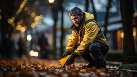 Man in yellow jacket cleaning fallen leaves in the city at night.の素材