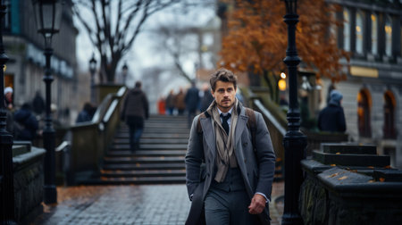 Handsome young man in a coat walking on the street.の素材